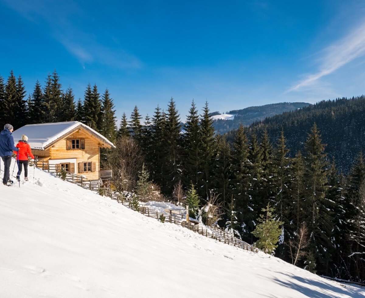 Paar geht mit den Schneeschuhen zur Hütte | © Michael Stabentheiner