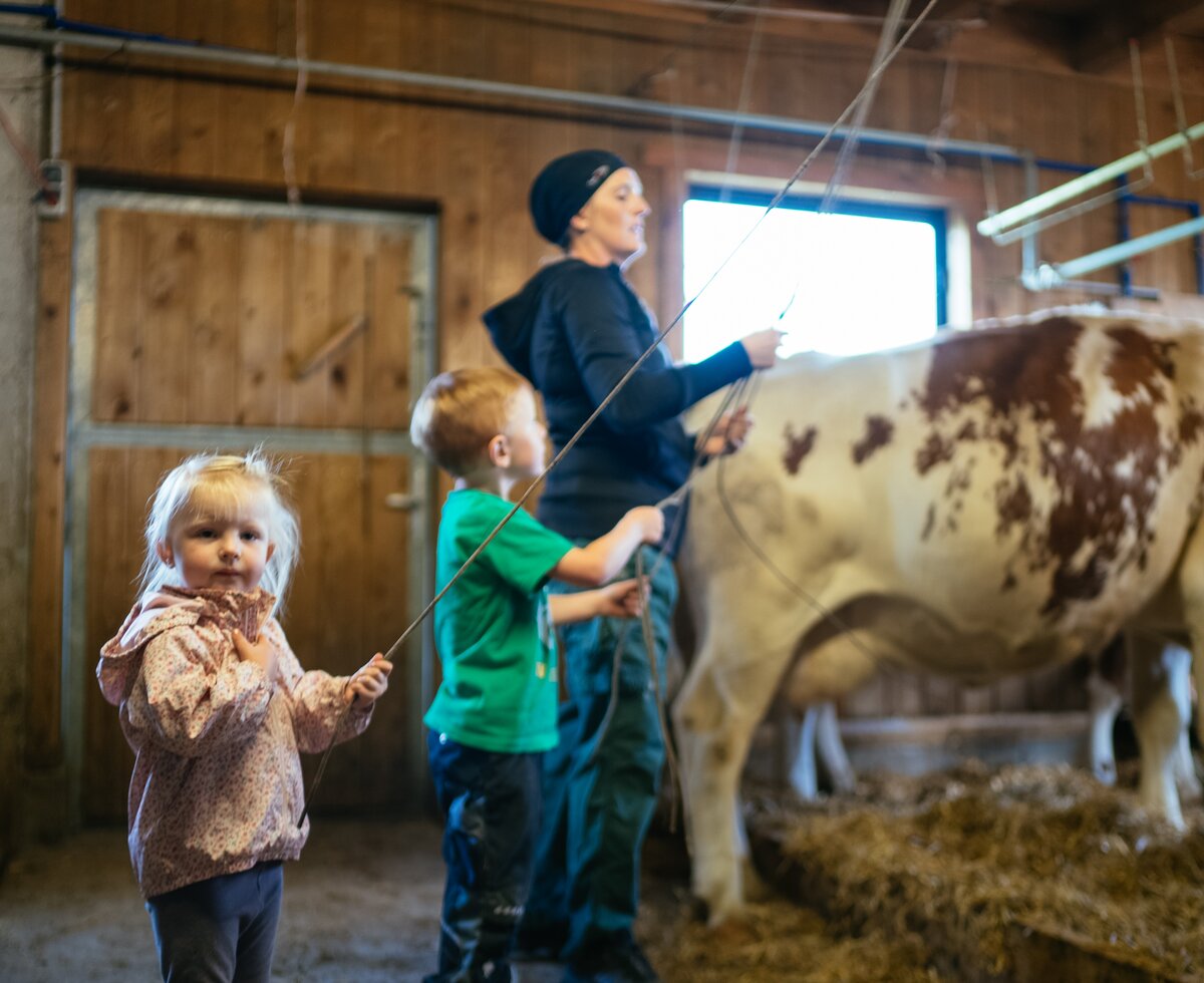 Kinder helfen im Kuhstall | © Urlaub am Bauernhof Tirol / Daniel Gollner 