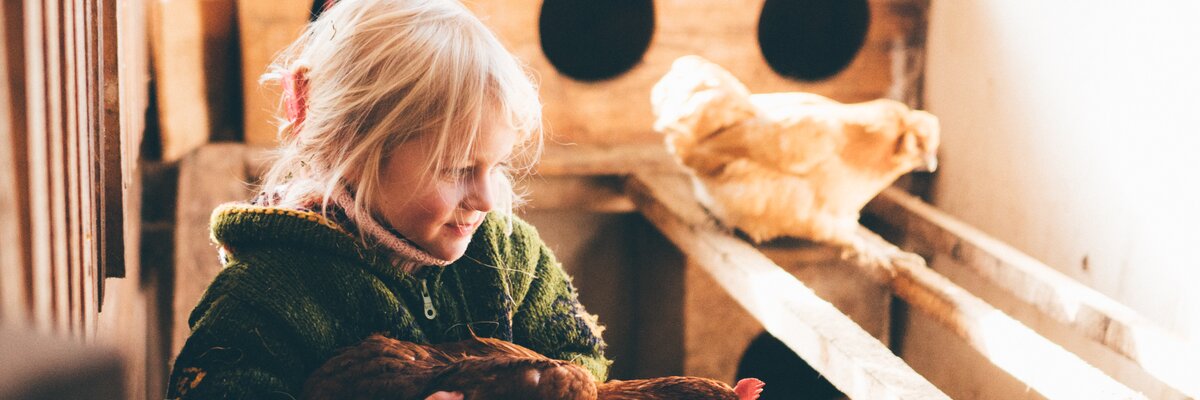 Mädchen hält Huhn in der Hand im Hühnerstall | © Urlaub am Bauernhof Kärnten / Daniel Gollner