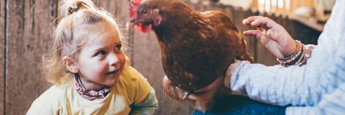 Mädchen hockt vor dem Huhn im Stall | © Urlaub am Bauernhof Kärnten / Daniel Gollner