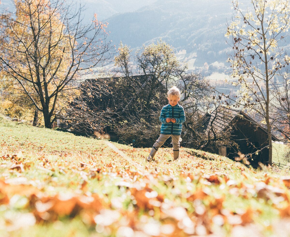 Bub steht im Laub | © Urlaub am Bauernhof Kärnten / Daniel Gollner