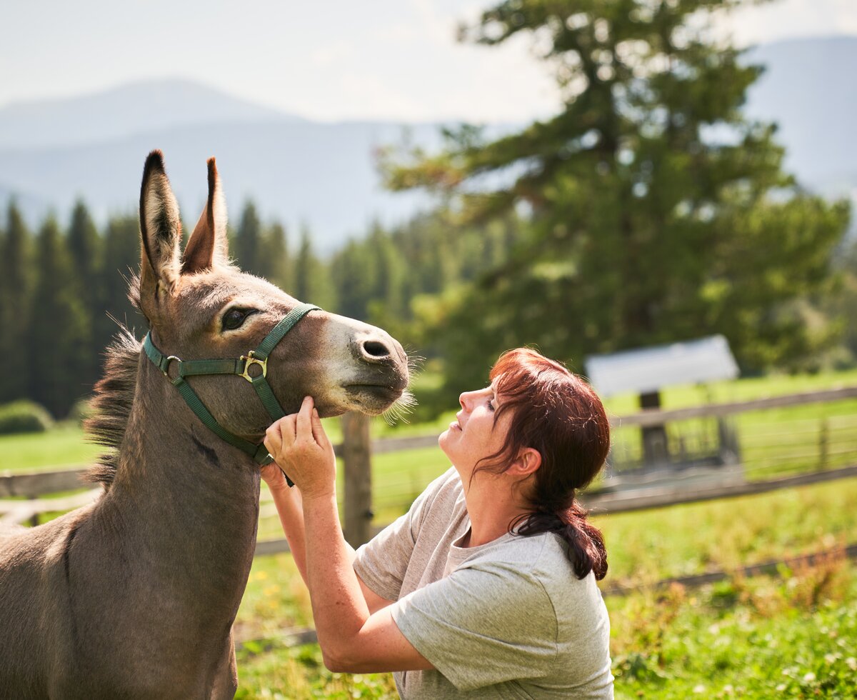 Frau mit einem Esel | © Urlaub am Bauernhof / Punkt und Komma