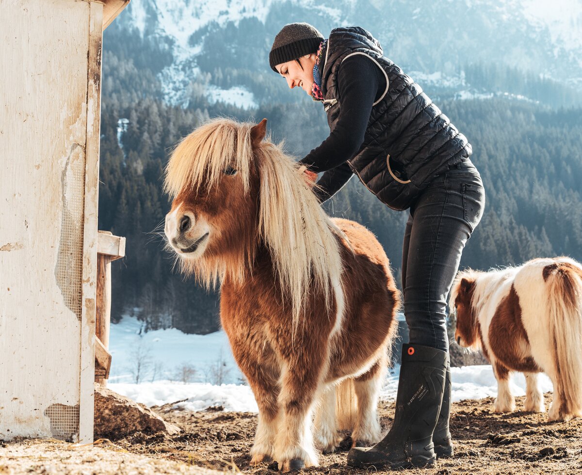 Eine Frau striegelt ein Pony | © Urlaub am Bauernhof / Punkt und Komma