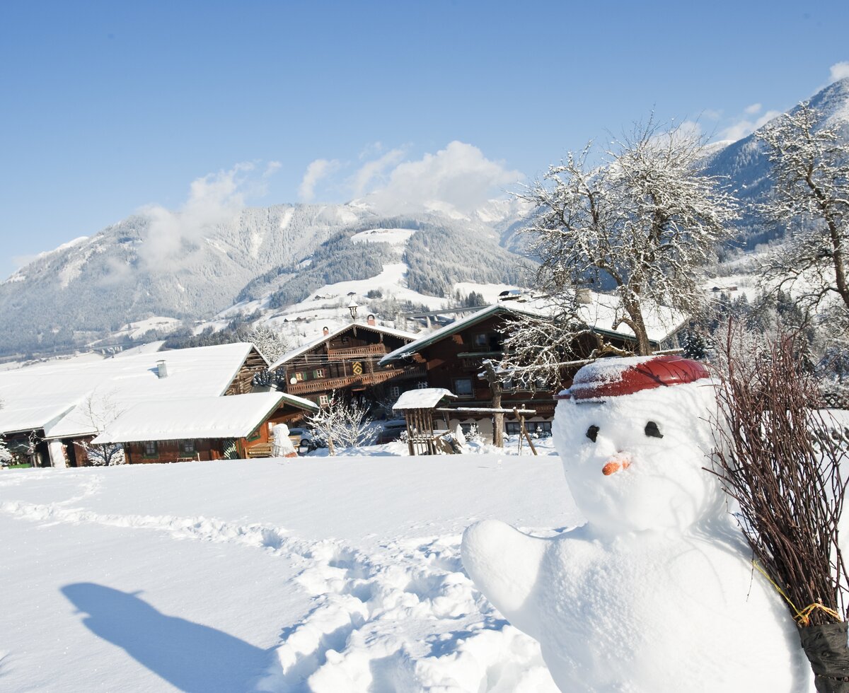 Schneemann steht in Winterlandschaft in Hüttau | © Urlaub am Bauernhof / Hans Huber