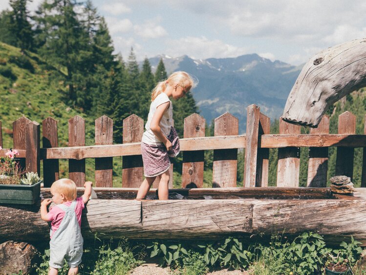 Two girls playing at the fountain and in the fountain on the mountain pasture at Grußberggut in Bad Hofgastein | © Farmholidays in SalzburgerLand / Daniel Gollner