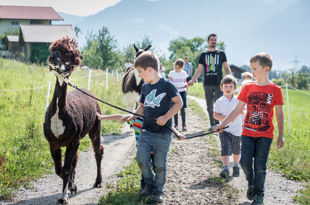 Kinder mit Lamas | © Urlaub am Bauernhof - TVB SilberregionKarwendel