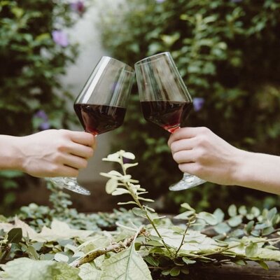 a glass of red wine with friends