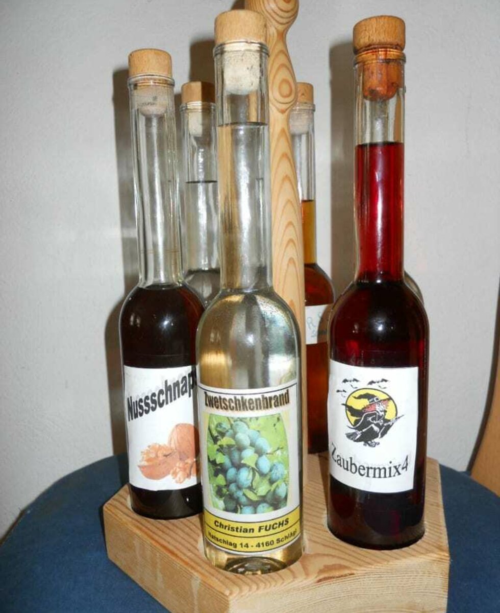 Various bottles of home-distilled schnapps.