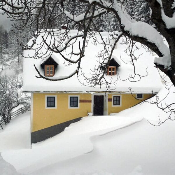 Cabin in a wintry landscape