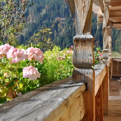 on the flower decorated balcony