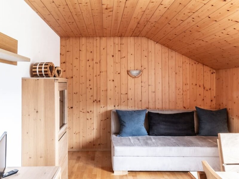 The sitting area in the living room of the Kanisfluh flat with wooden wall.