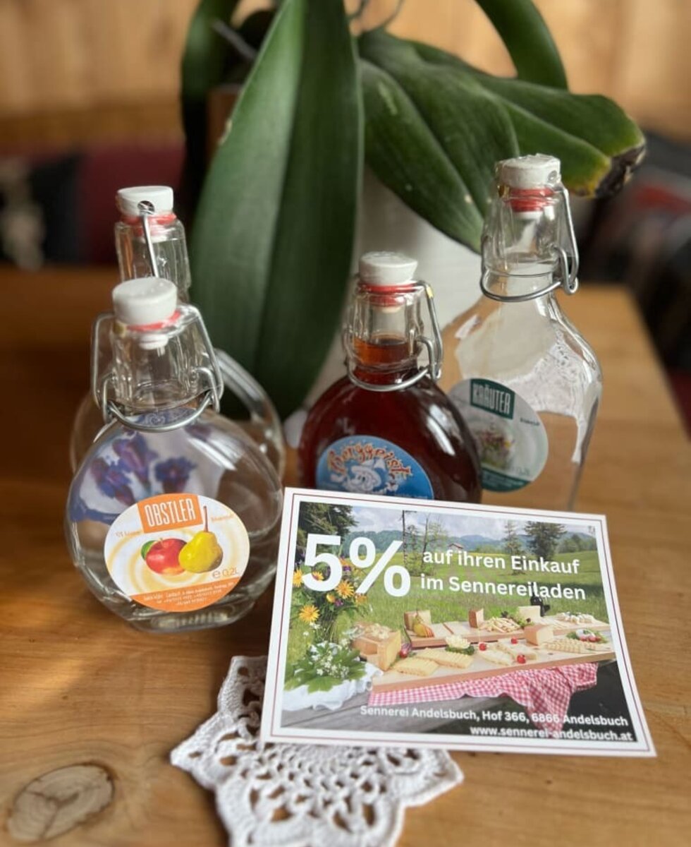 You can buy home-distilled schnapps, eggs and milk at our farm. Plus a voucher from the Andelsbuch dairy shop.