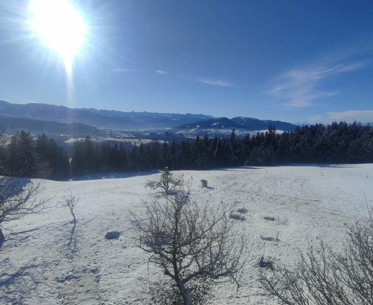 Clear winter air and snow-covered mountains